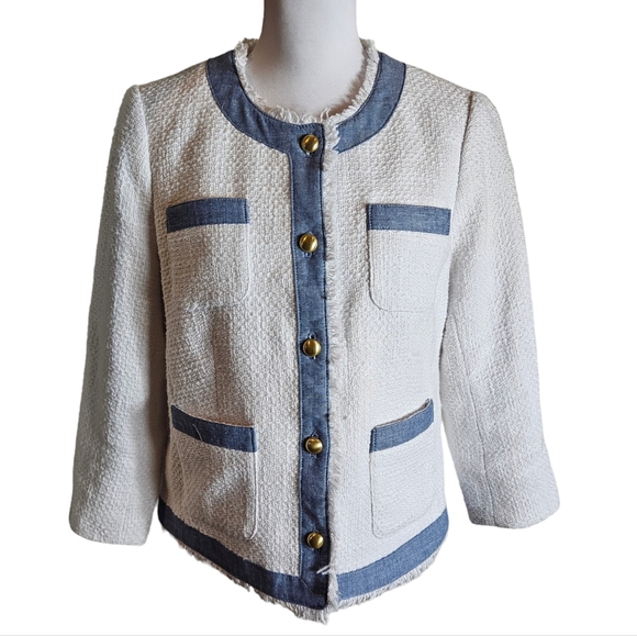 Talbots Petites White Denim Tweed Blazer Jacket Size 12P Button Up Fringed Chic - Picture 2 of 16